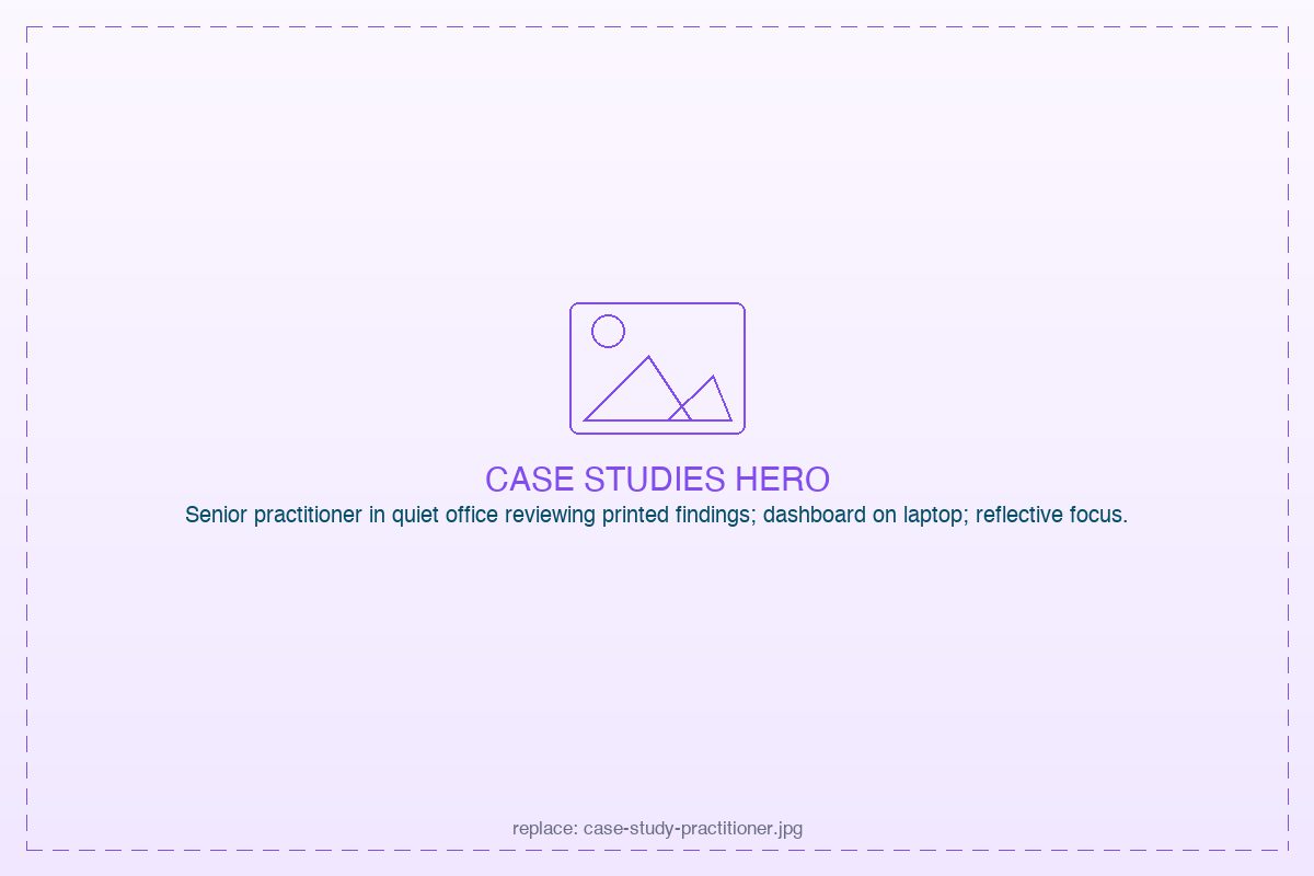 Senior practitioner reviewing printed research findings with a dashboard on a laptop