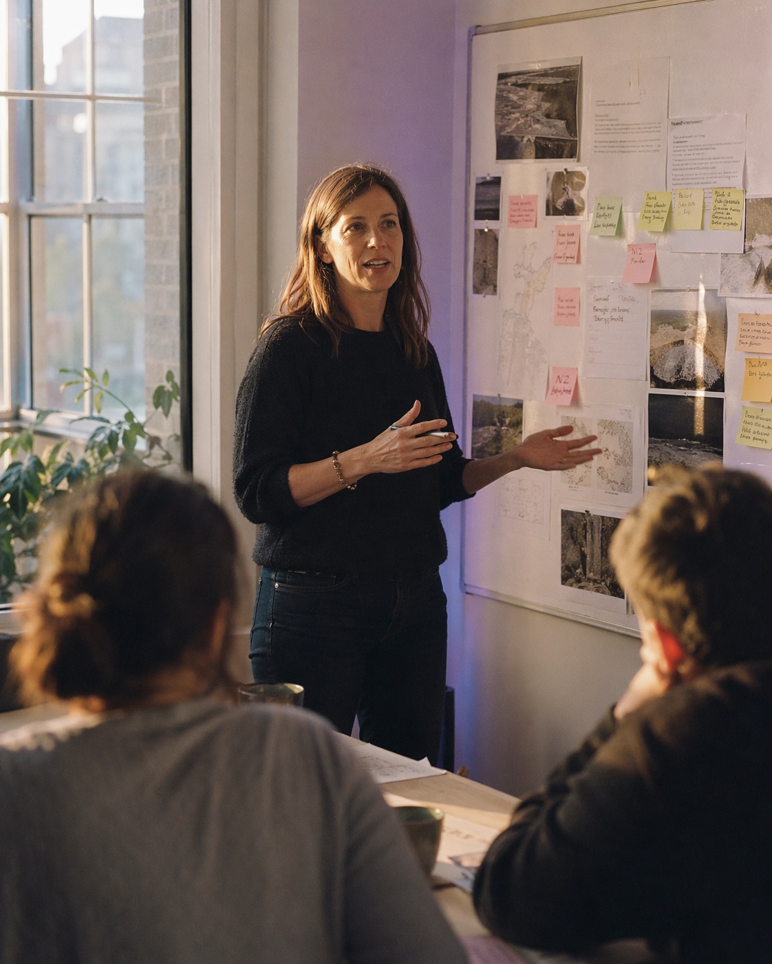 Researcher at a whiteboard explaining evidence to colleagues in a studio office