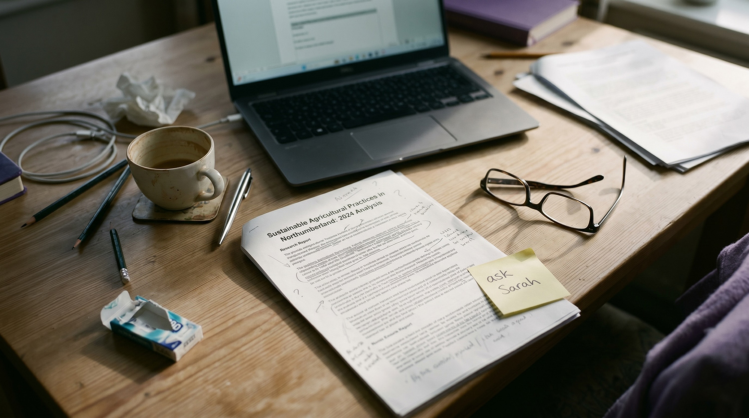 Marked-up research report and laptop on a desk with late afternoon shadows